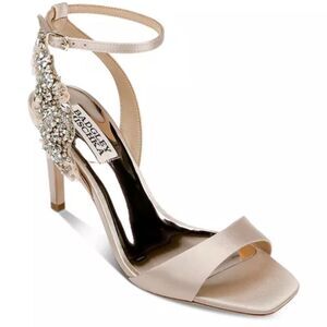 Badgley Mischka Tisha Embellished Heeled Sandals in Nude Satin, New, Size 8